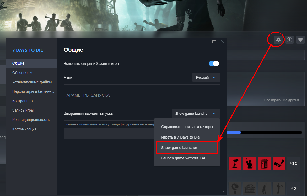 Steam: вариант запуска Show game launcher